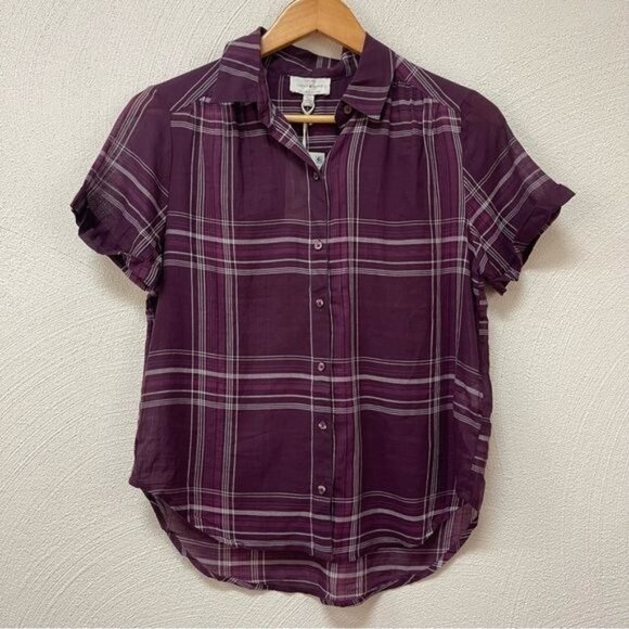 NWT Lucky Braden’s Maroon Plaid Sheer Button Down Short Sleeve Sz S/P - Picture 1 of 4